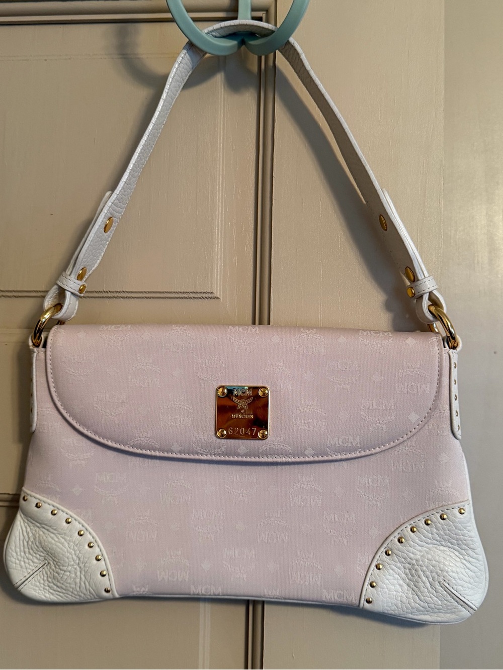 MCM Pale Pink Leather Shoulder Bag with Gold Plate